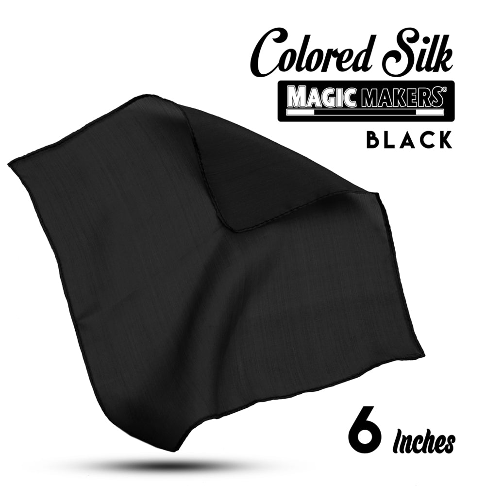 Vibrant black 6-inch magician's silk, perfect for magic tricks, with a smooth, glossy texture that catches the eye.