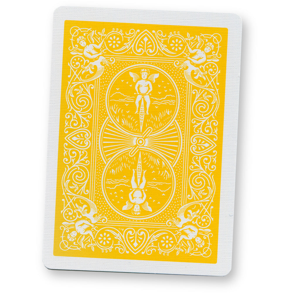 Vibrant yellow First Generation Bicycle Deck with bold black and red pips on full-color court cards for striking poker play.
