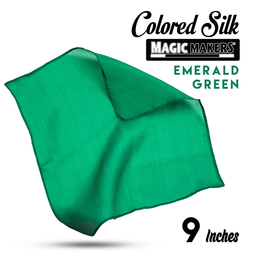 Vibrant emerald green 9-inch silk fabric square, showcasing a rich, glossy texture perfect for crafts or decor.