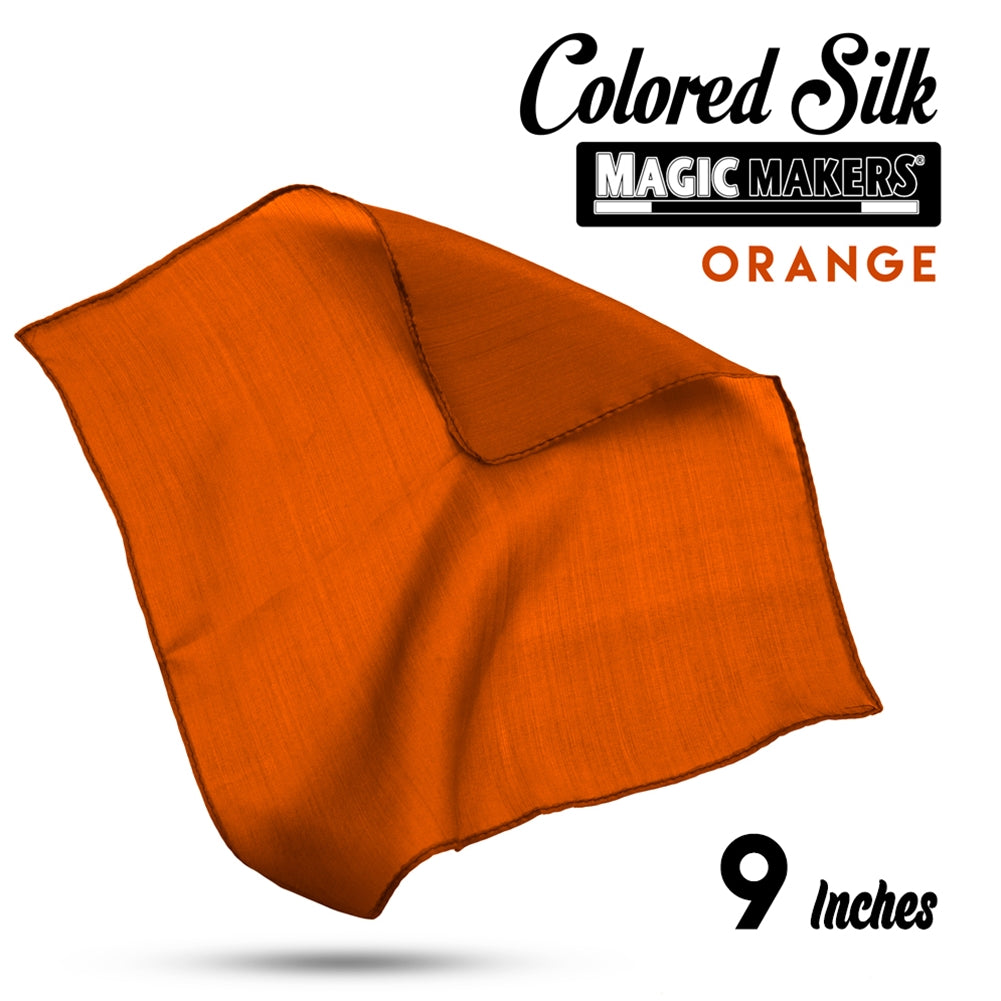 Vibrant orange 9-inch silk handkerchief, showcasing a smooth, glossy texture and a bold, eye-catching color.