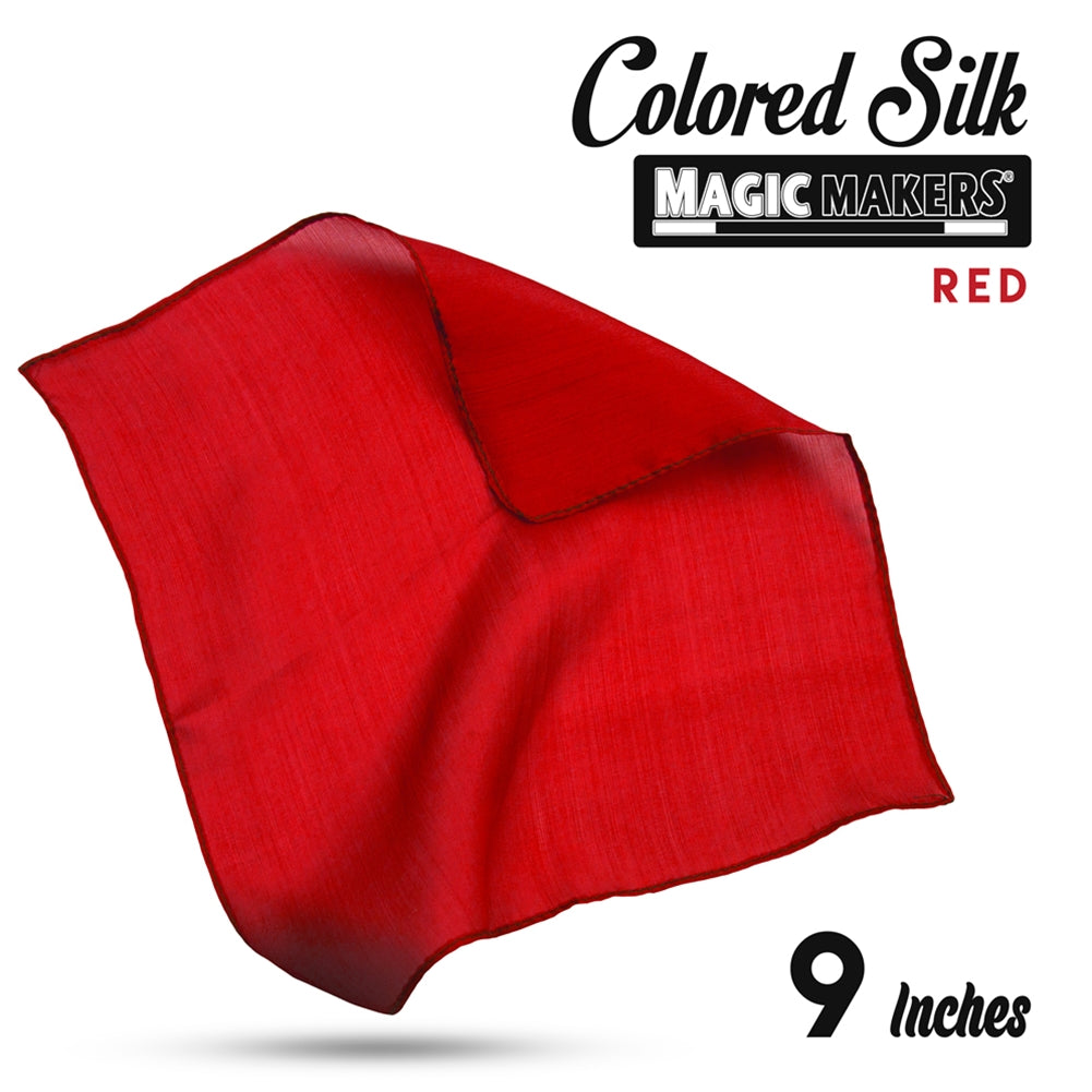 Vibrant red 9-inch silk fabric with a smooth, glossy finish, perfect for crafts or magic tricks, packaged individually.