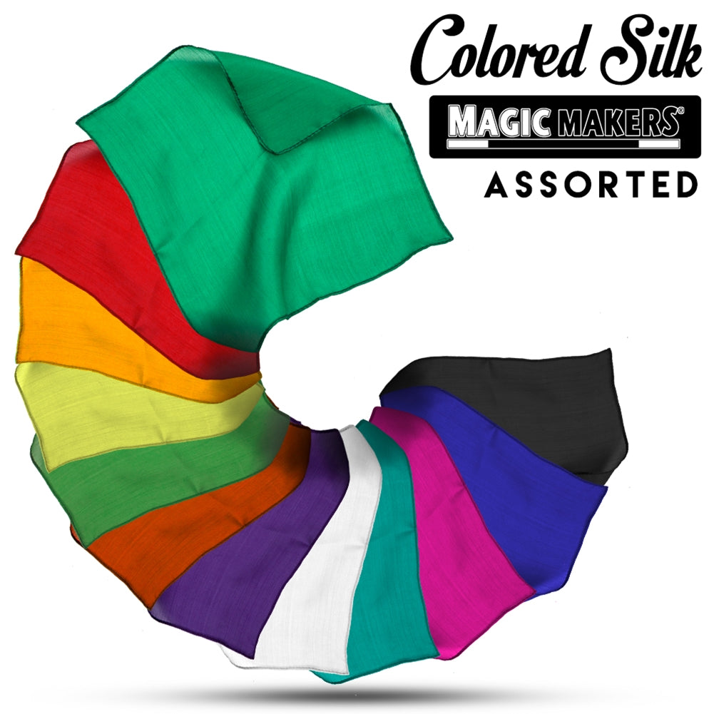 Vibrant 12-inch magician silks in a colorful assortment, neatly stacked, showcasing premium quality for magic tricks.