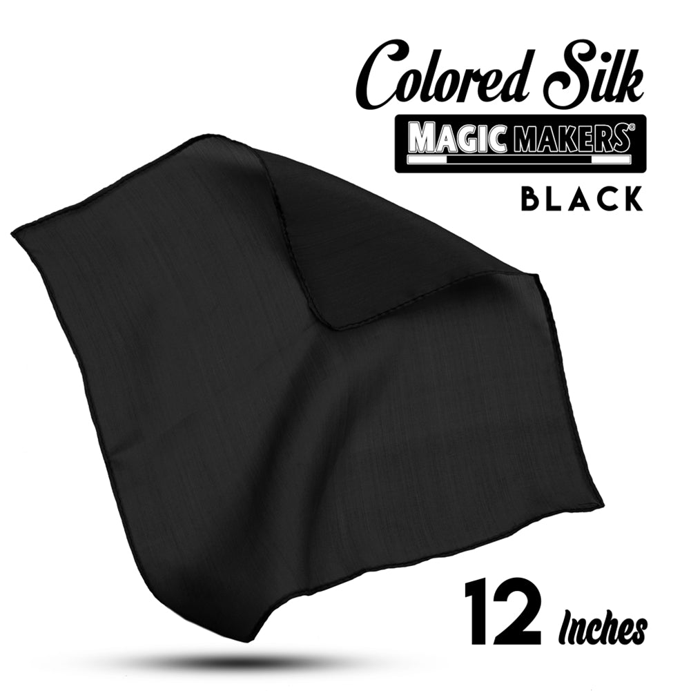 Vibrant black 12-inch magician's silk, perfect for captivating tricks, with a smooth, flowing texture and bold color.