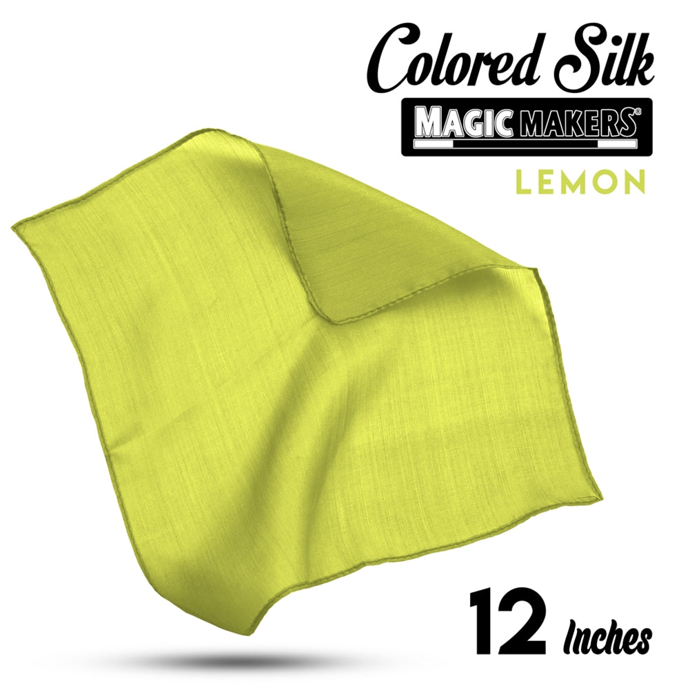 Bright lemon-yellow 12-inch silk square, showcasing a vibrant, smooth texture perfect for magic tricks or decor.