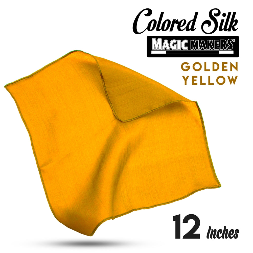 Vibrant golden-yellow 12-inch silk fabric with a smooth, lustrous finish, perfect for elegant crafts or decor projects.