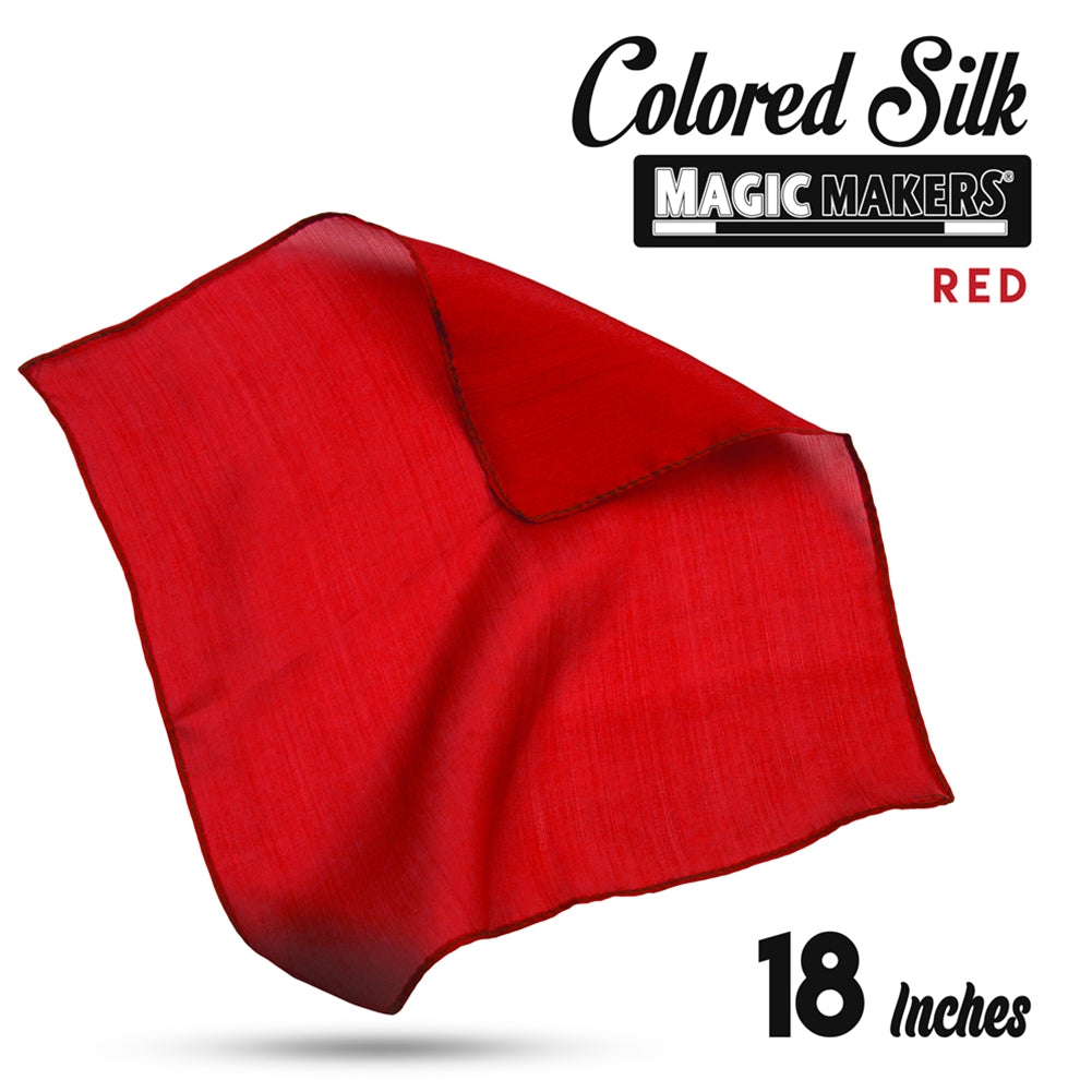 Vibrant red 18-inch silk scarf by Magic Makers, showcasing a smooth, flowing texture ideal for professional magic tricks.