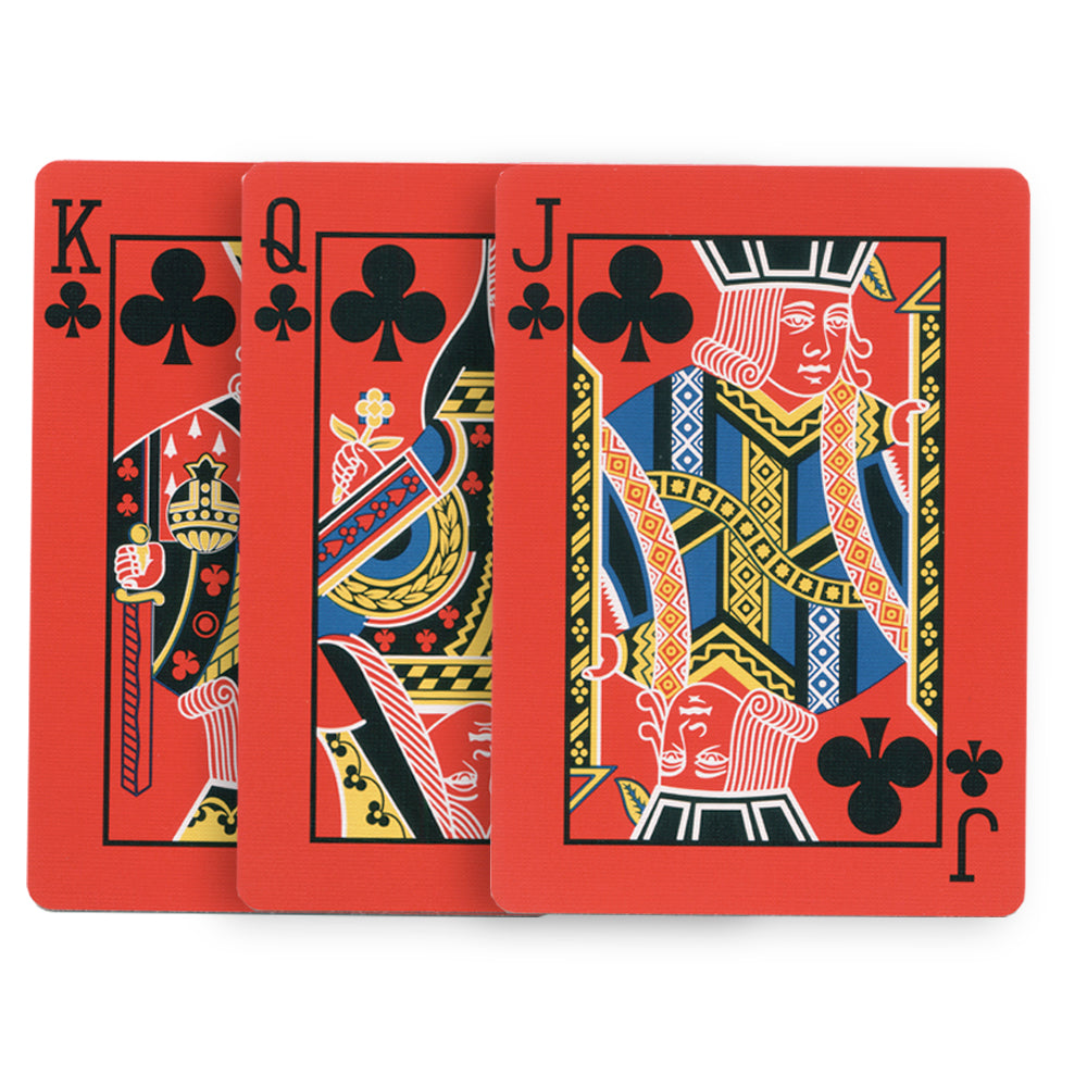 Vibrant red First Generation Bicycle Deck with striking black and white pips on full-color court cards, perfect for magic and card games.