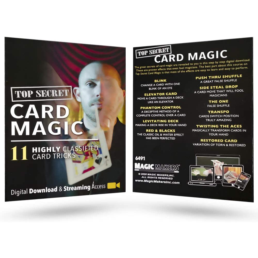 Explore the Top Secret Card Magic Kit, featuring a vibrant booklet cover with magical card tricks and illusions.
