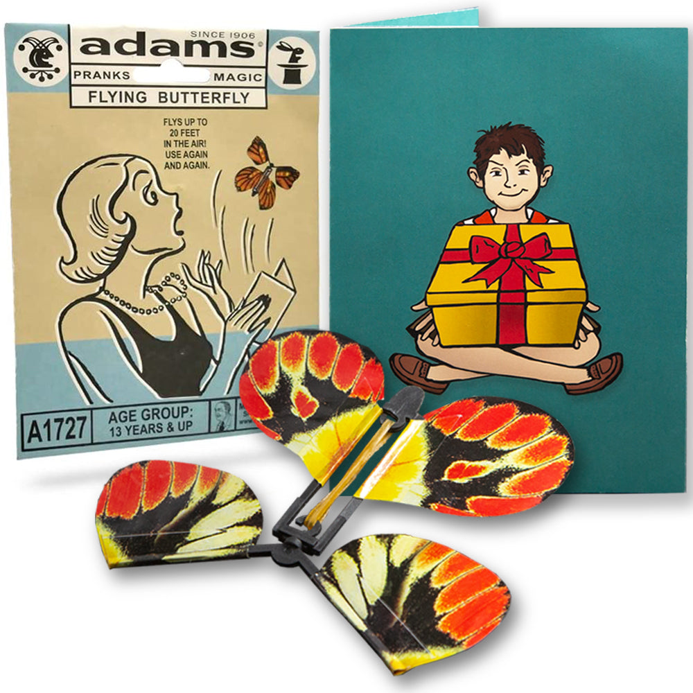 Vibrant monarch-patterned butterfly toy springs to life from a surprise card, ready to flutter up to 20 feet in the air.