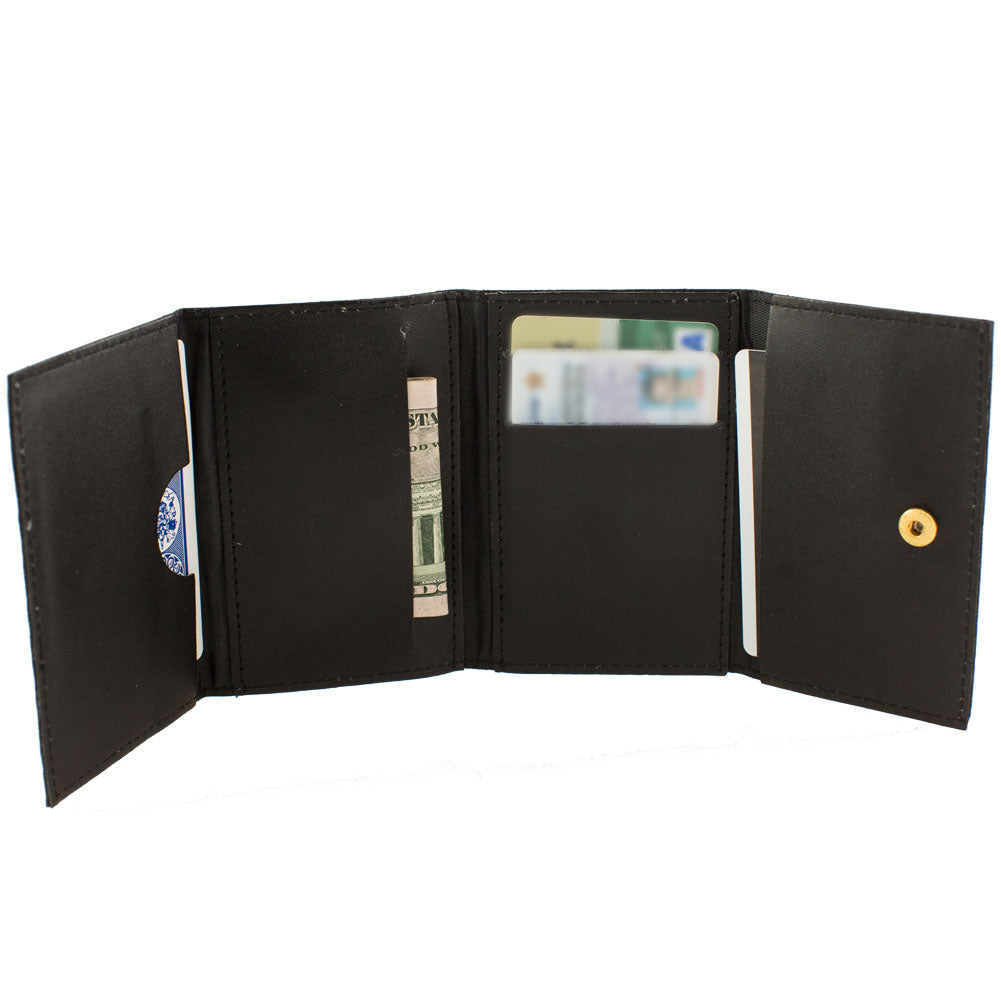 Sleek Magic Wallet Deluxe in black leather, sized 4x2.75 inches, perfect for mind-reading tricks and business card storage.
