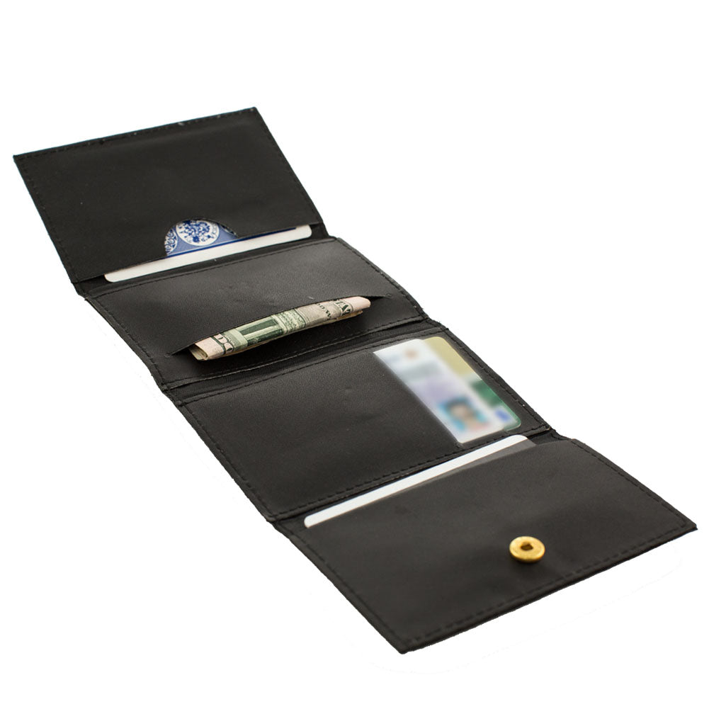 Sleek Magic Wallet Deluxe in black leather, sized 4x2.75 inches, perfect for mind-reading tricks and business card storage.