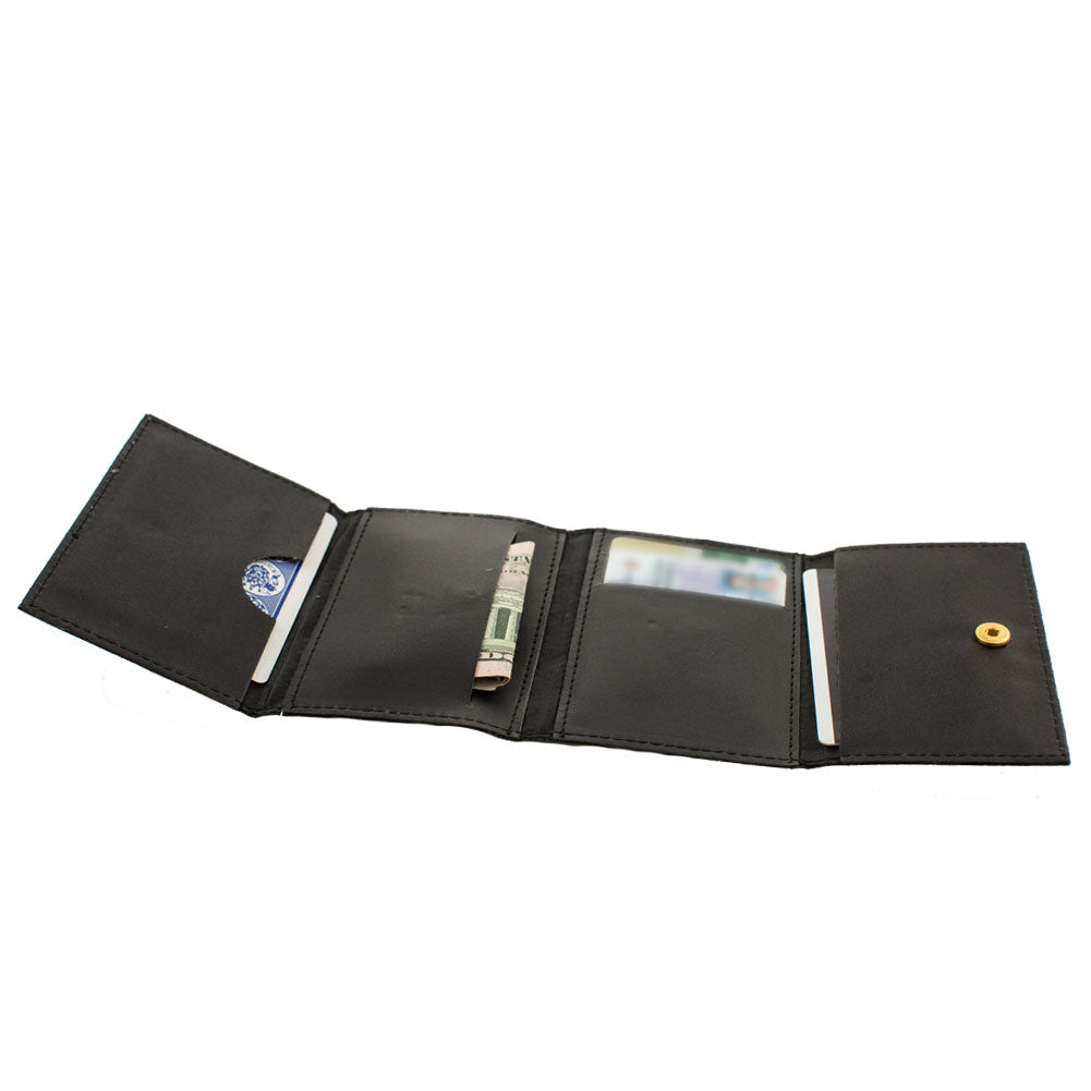 Sleek Magic Wallet Deluxe in black leather, sized 4x2.75 inches, perfect for mind-reading tricks with a business card.
