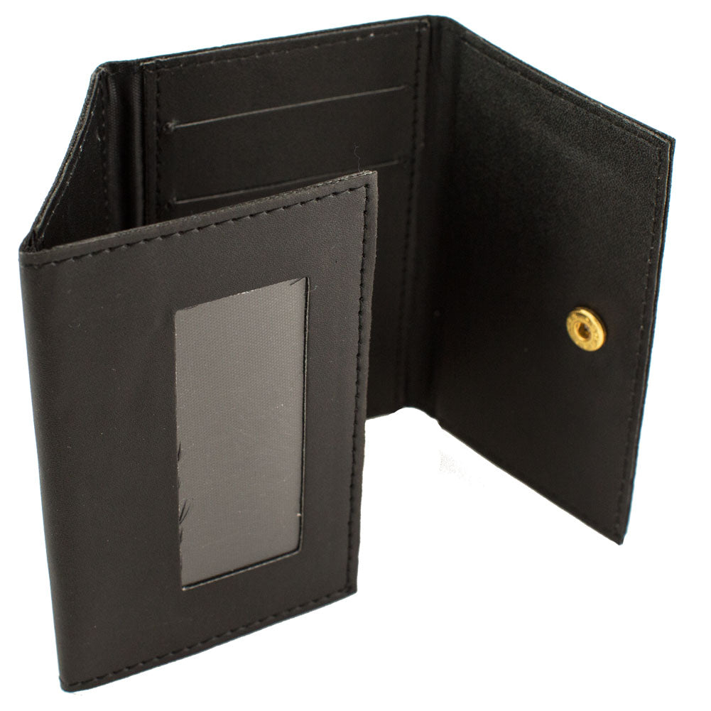 Close-up view of the Magic Wallet Deluxe, a sleek 4x2.75-inch wallet designed for mind-reading tricks with a business card.