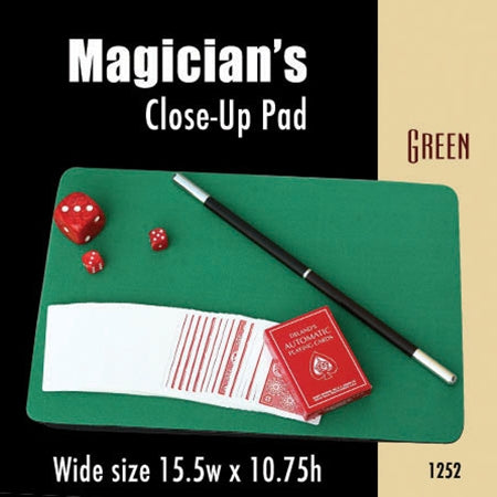 Vibrant green neoprene close-up pad with a smooth gaming table surface, sized 15.5 x 10.75 inches, ideal for magic tricks.