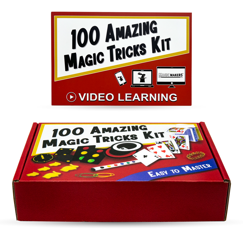Vibrant magic kit featuring the 100 Amazing Magic Tricks set with colorful cards, props, and a Secret Deck for astonishing illusions.