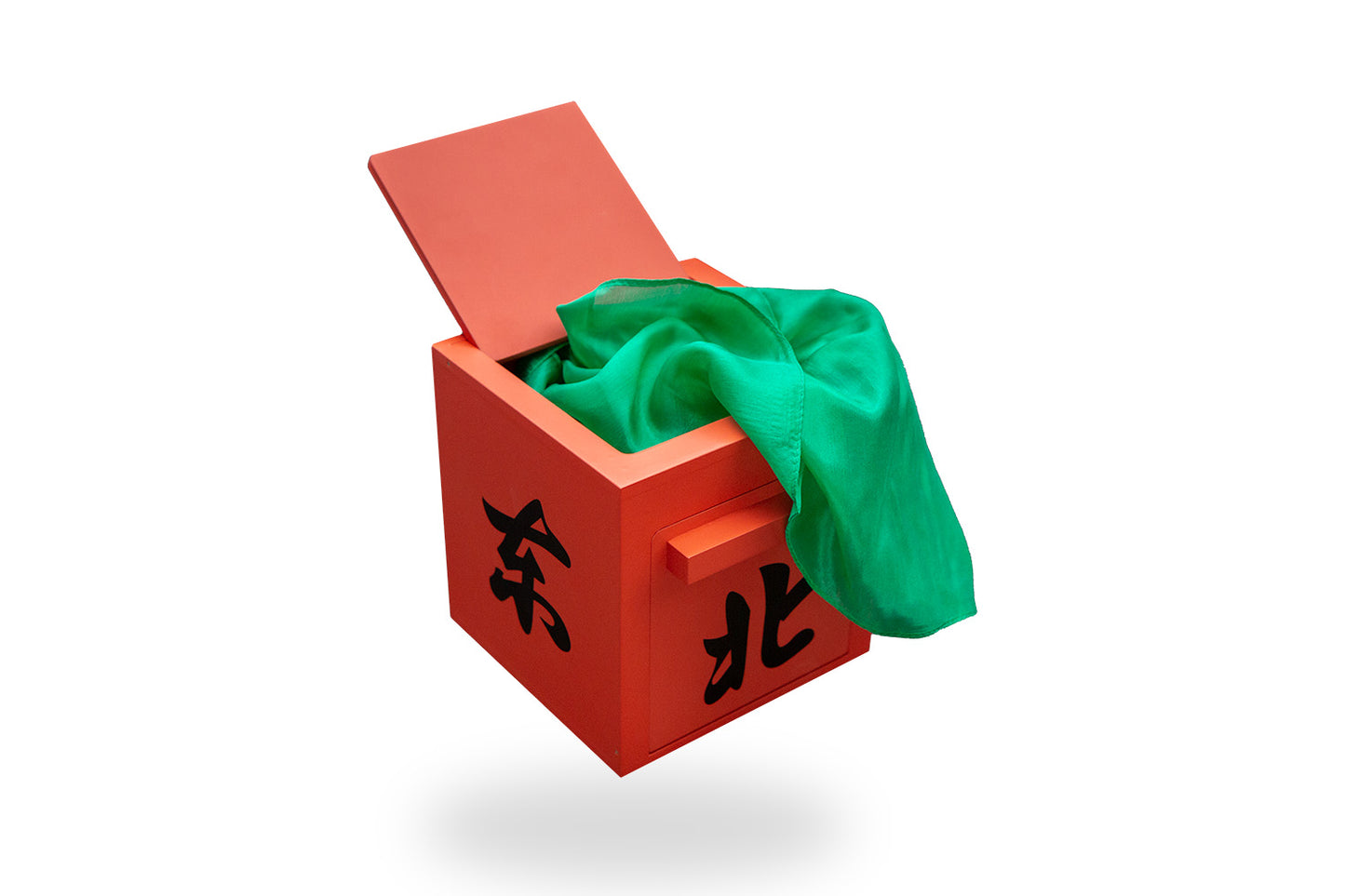 Vibrant red Mandarin Mirror Box with a glossy finish, ideal for magic tricks involving silks and small props.