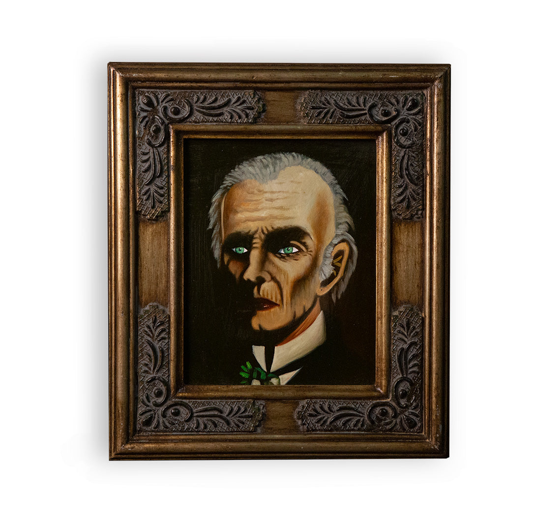Creepy oil painting of a mysterious, staring figure in a vintage frame, perfect for adding a haunted vibe to any room.
