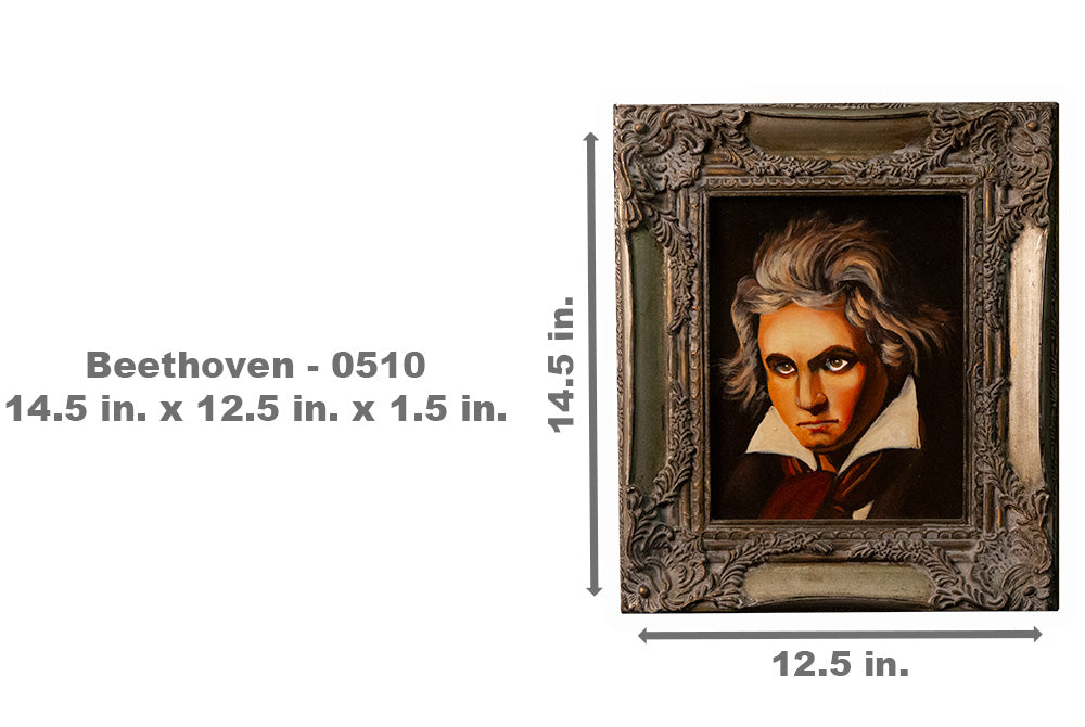 Spooky oil painting of Beethoven with piercing eyes that seem to follow you, framed in an ornate vintage frame.
