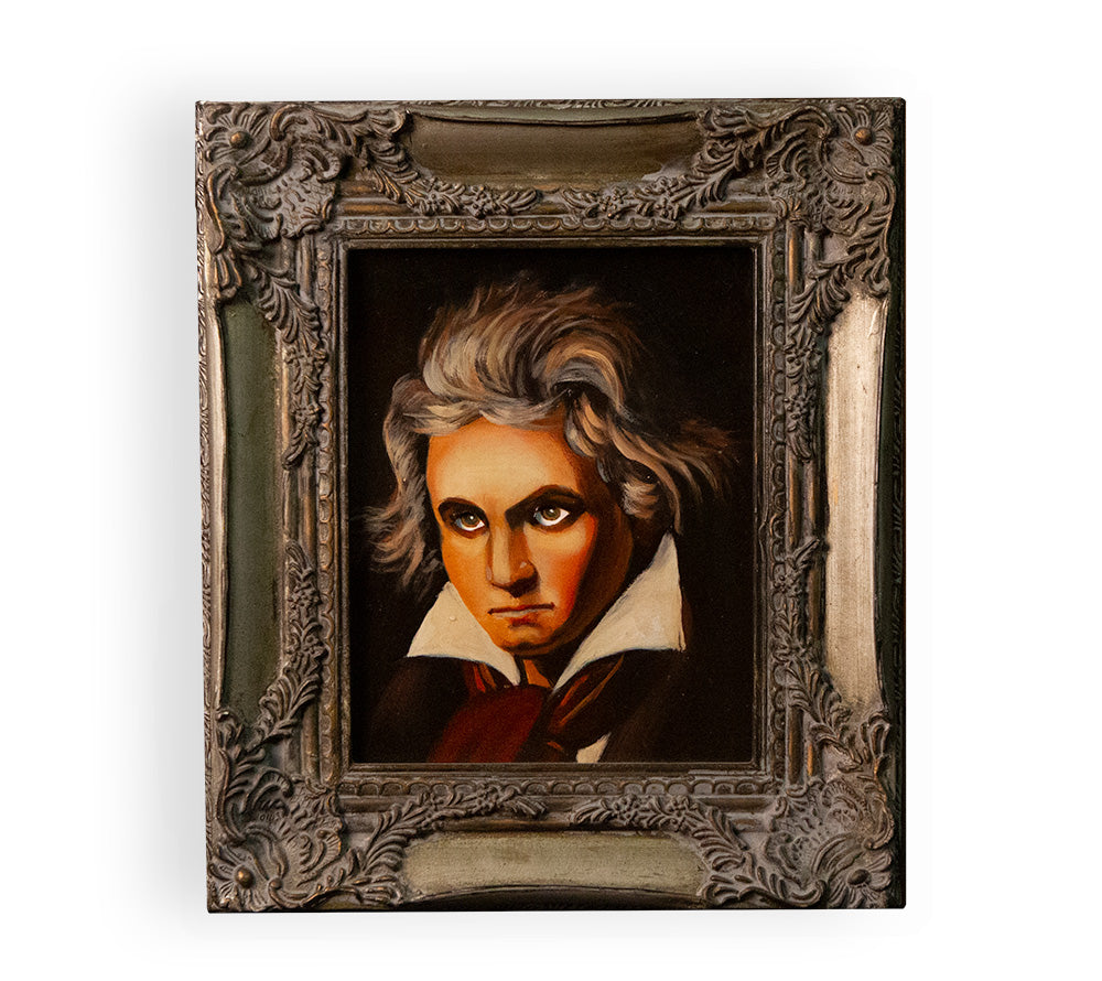 Spooky hand-painted oil portrait of Beethoven in a vintage frame, with haunting eyes that seem to follow you.
