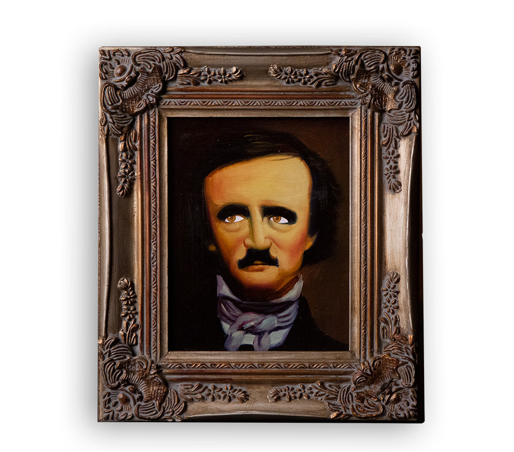 Eerie oil painting of Edgar Allan Poe with a haunting gaze, framed in a vintage style, perfect for a spooky decor vibe.