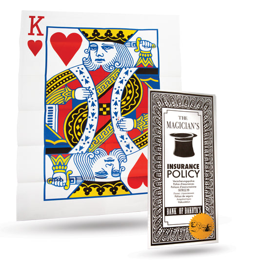Detailed view of the Ultimate Magician's Insurance Policy, showcasing its durable linen paper and large stage-pallor size.