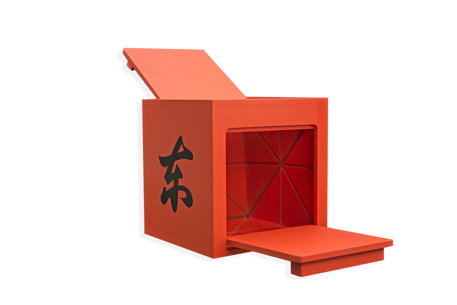 Vibrant red Mandarin Mirror Box with a glossy finish, ideal for magic tricks, shown open to reveal its mysterious interior.