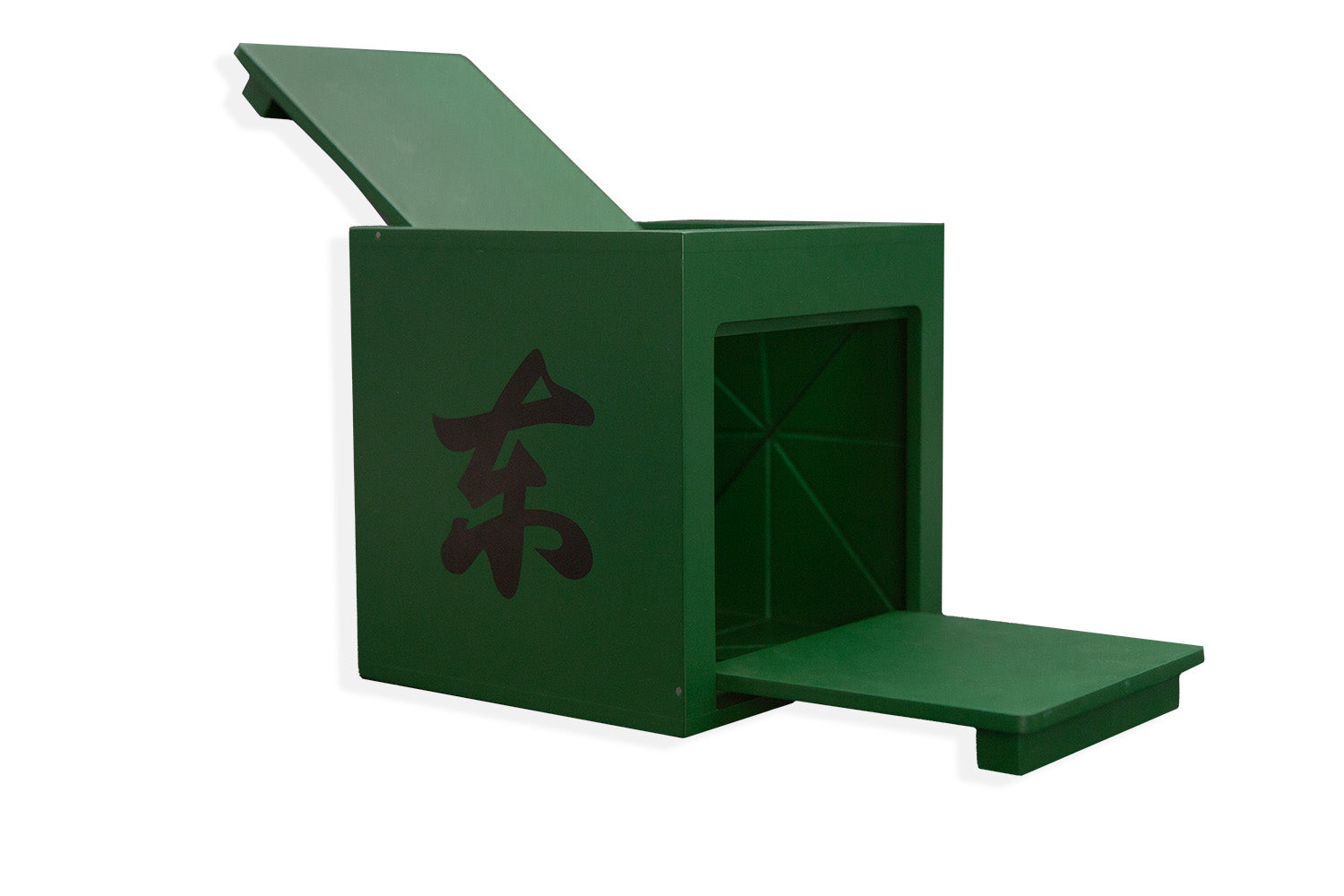 Vibrant green Mandarin Mirror Box with a sleek, glossy finish, ideal for magic tricks involving vanishing and appearing props.