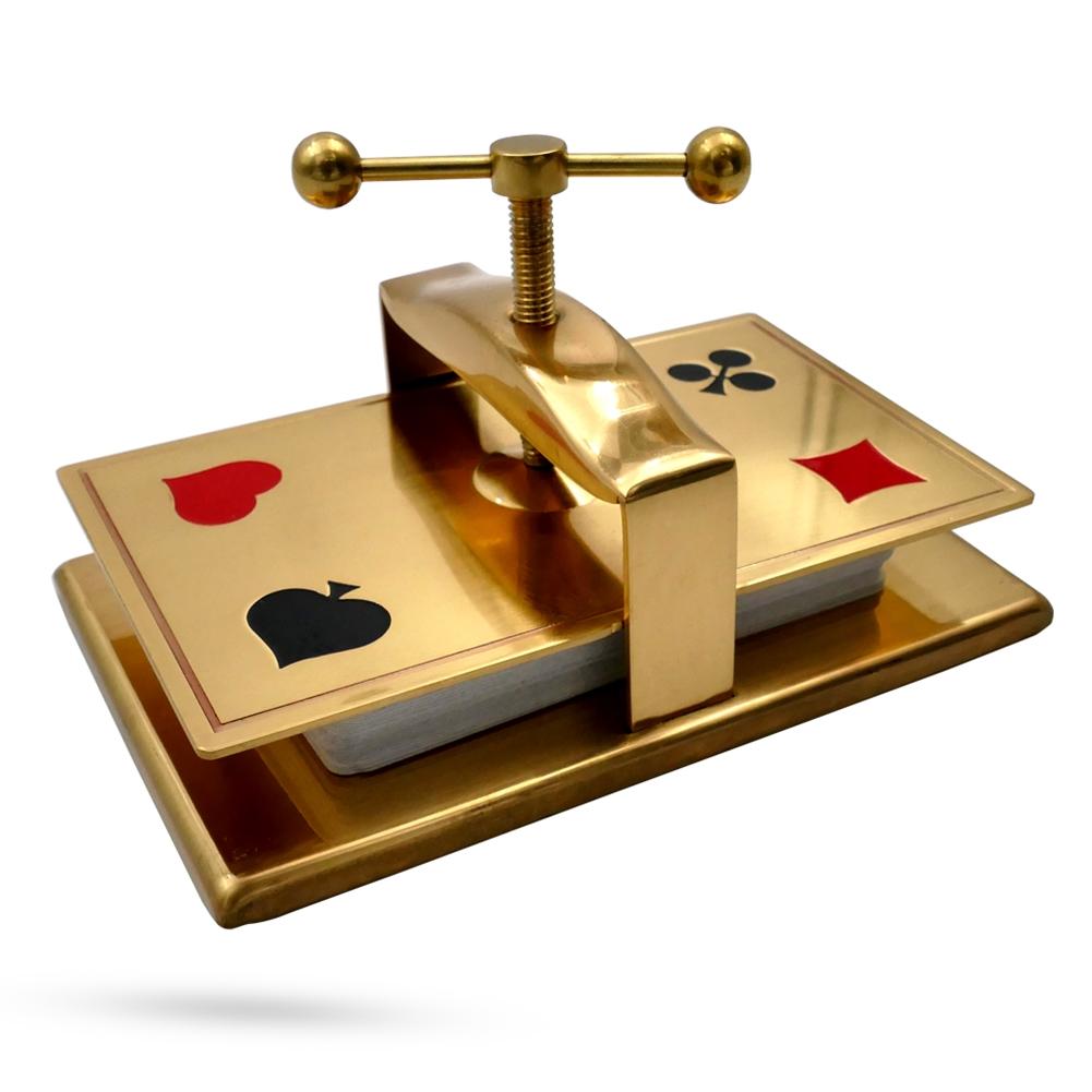 Elegant gold-plated Collector's Card Press with a 19th-century European design, perfect for flattening playing and tarot cards.