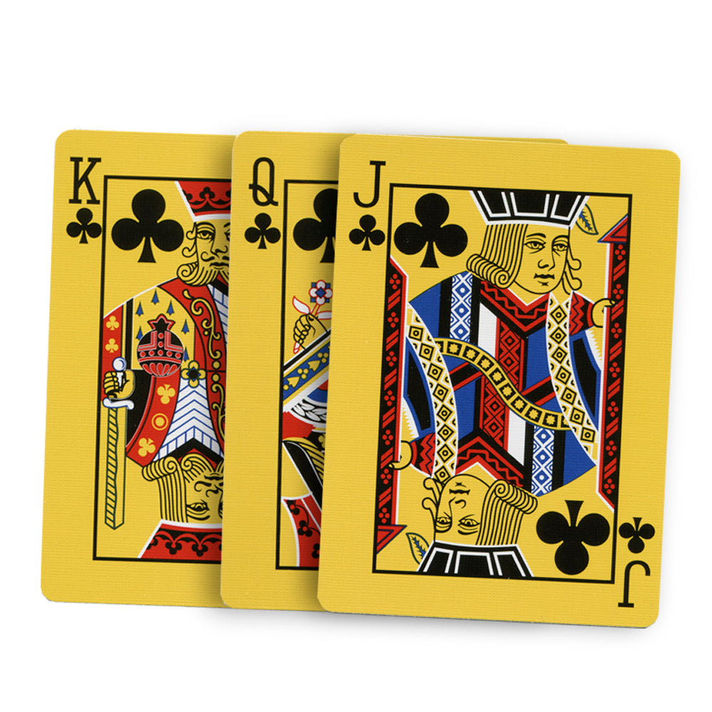 Vibrant yellow First Generation Bicycle Deck with bold black and red pips on full-color court cards, perfect for card games.