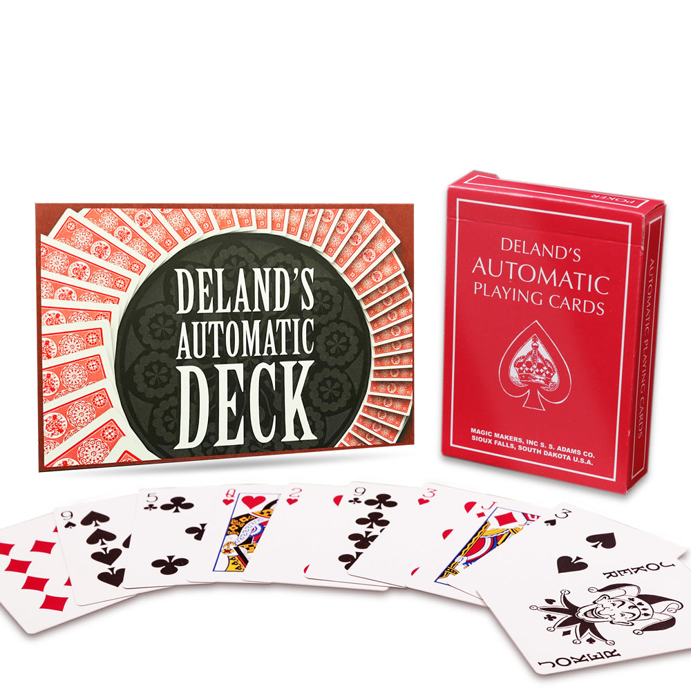 Explore the Royal Road to Card Magic Kit, featuring a vibrant red-backed De Land's Marked Deck and instructional materials for mastering over 100 tricks.