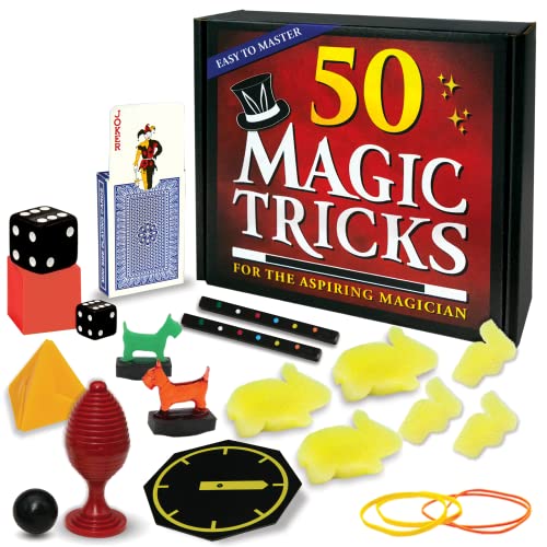 Explore the 50 Amazing Magic Tricks Kit, packed with colorful props like cards, balls, and puzzles for aspiring magicians.
