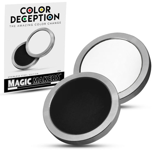 Close Two black and white poker chips transform into vibrant colors, showcasing the mesmerizing Color Deception magic trick.