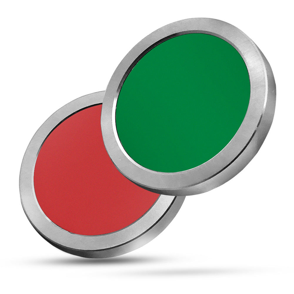 Close-up of Color Deception magic trick with stainless steel poker chips transforming from black and white to vibrant colors.