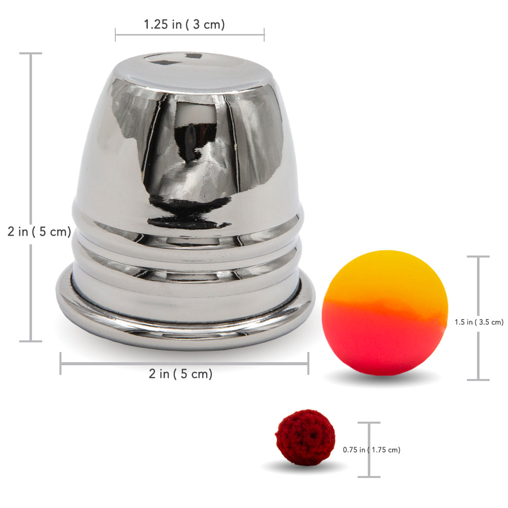 Sleek set of chrome table hopping cups and balls with red crochet balls, perfect for mastering magic tricks.