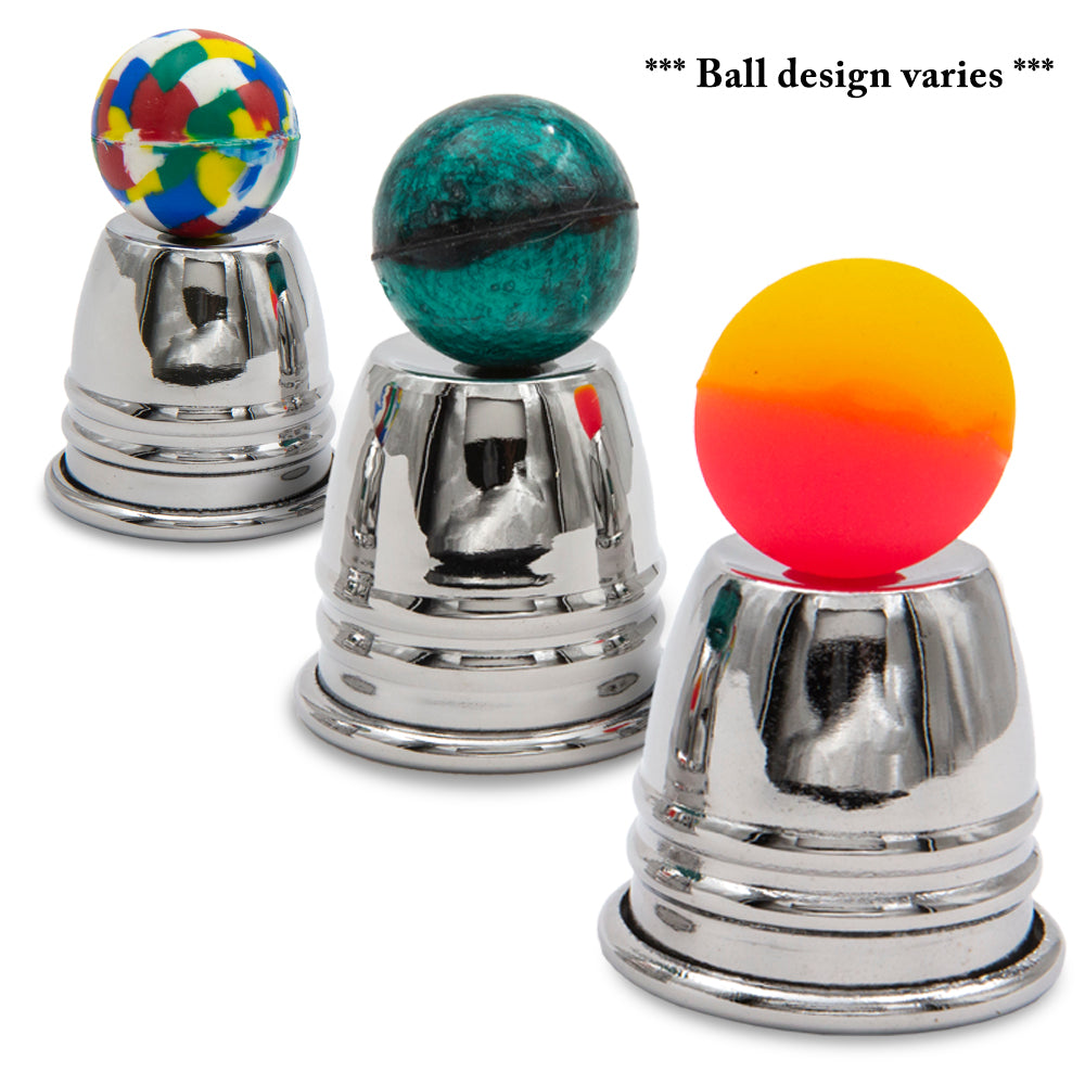 Gleaming set of 3 chrome Table Hopping Cups with 4 red crochet balls and rubber load balls, perfect for magic tricks.