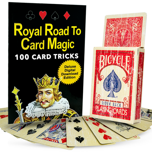 Stunning Limited Edition Bicycle Red Faded Deck from the Royal Road to Card Magic Deluxe Edition, showcasing a vintage, worn-in design.