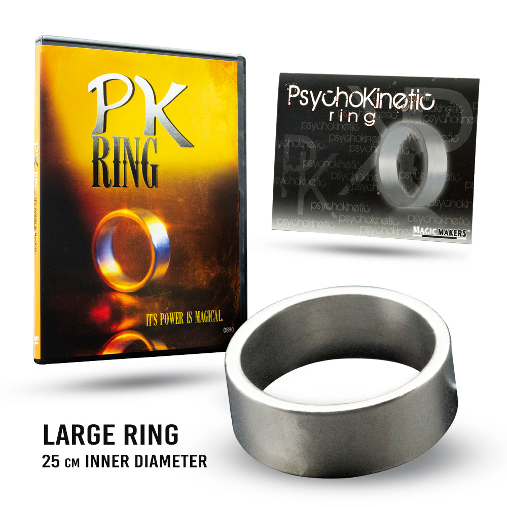 Silver Ultimate PK Magic Ring, large size with 25 cm inner diameter, displayed with a magical PK Pen and props for illusions.