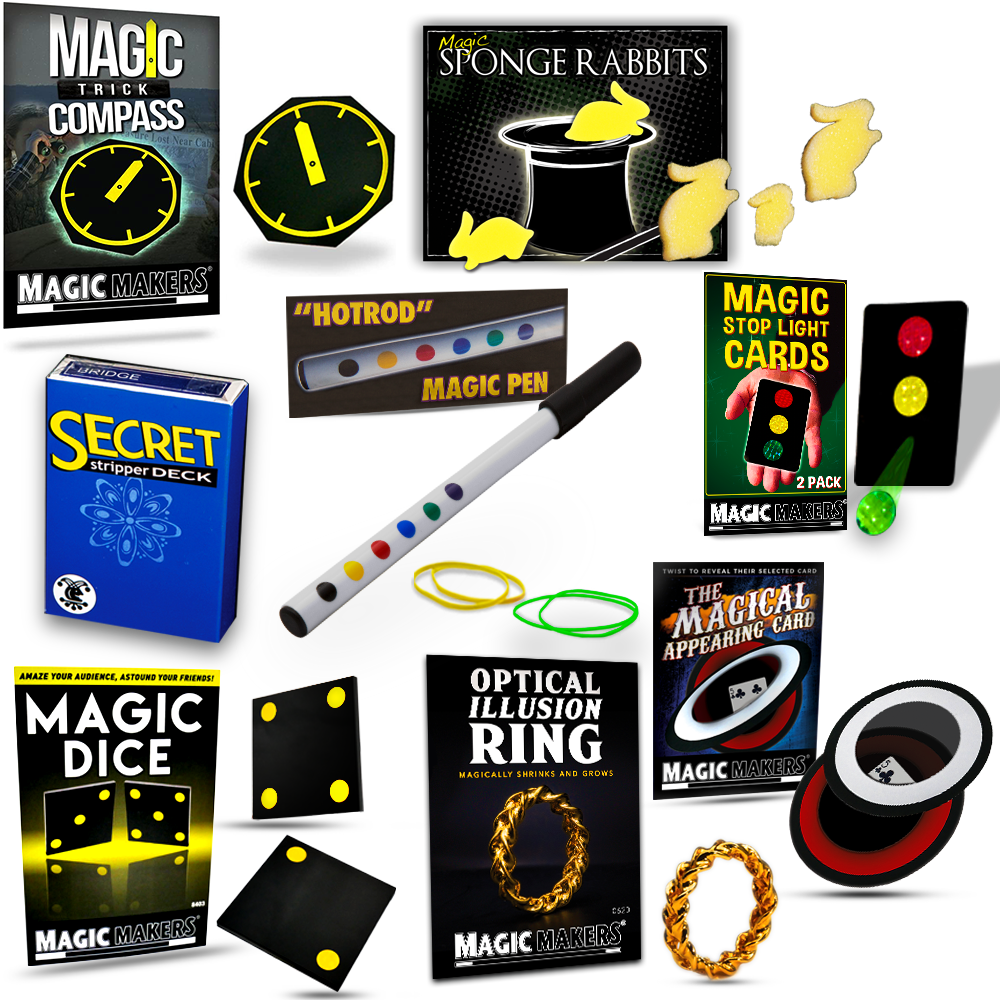 Explore the wonders of the 100 Amazing Magic Tricks Kit, featuring a vibrant array of props like the Secret Deck and Magic Compass.