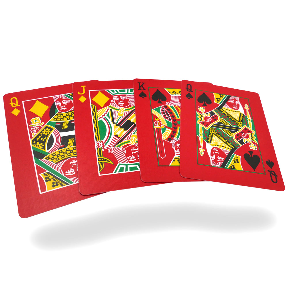 Vibrant Red Dragon Bicycle playing cards with bold red and yellow designs, featuring intricate dragon details on the back.