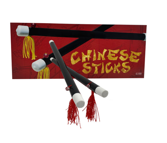Elegant Magic Chinese Sticks, 10 inches long, in black with white tips and red tassels, crafted for mesmerizing illusions.