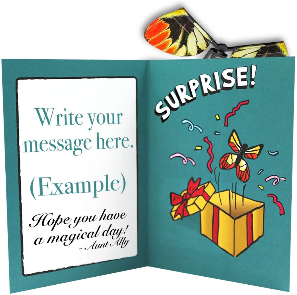 Vibrant monarch-patterned butterfly prank toy ready to surprise, with colorful wings designed to fly up to 20 feet when released.