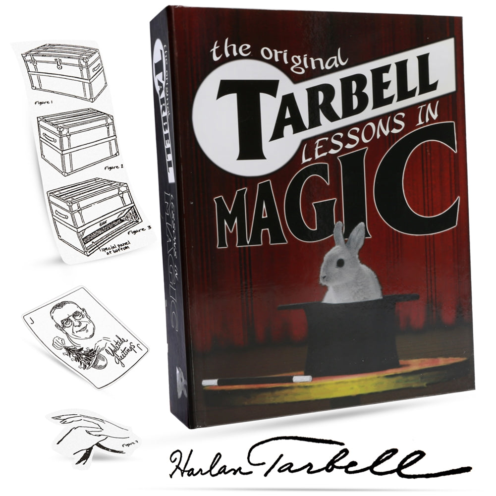 Vintage-style Tarbell Course In Magic book with a hardbound cover, showcasing 900 pages of classic magic lessons and 3100 illustrations.