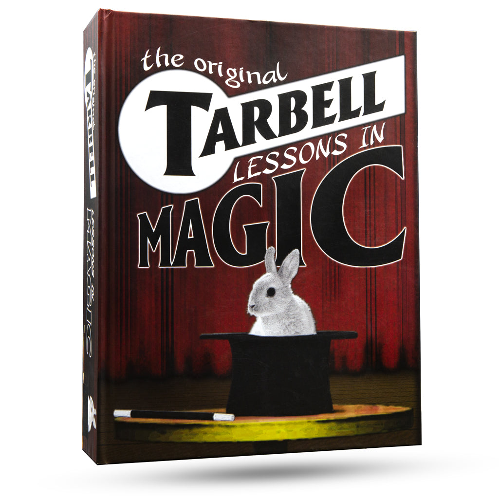 Vintage-style Tarbell Course In Magic book with a hardbound cover, showcasing classic illustrations of magical secrets.