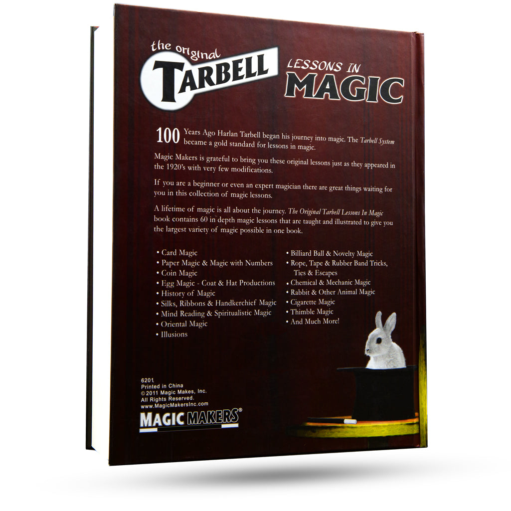 Vintage-style Tarbell Course in Magic book with a hardbound cover, showcasing classic illustrations and 900 pages of diverse magic lessons.