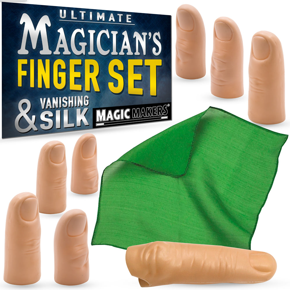 Close-up of the Ultimate Magician's Finger Set with 8 realistic fake fingers, including thumbs, and a vibrant 6-inch green vanishing silk.