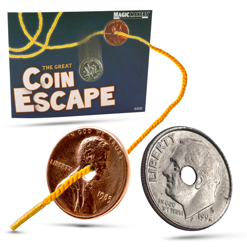 Two coins on a string dangle mysteriously, showcasing the Great Coin Escape magic trick where one coin vanishes magically.