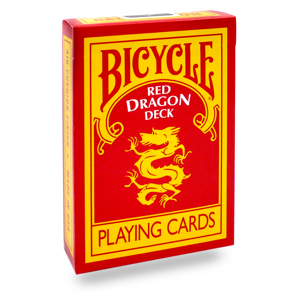 Vibrant Red Dragon Bicycle playing cards with bold red and yellow designs, featuring intricate dragon details on the back.