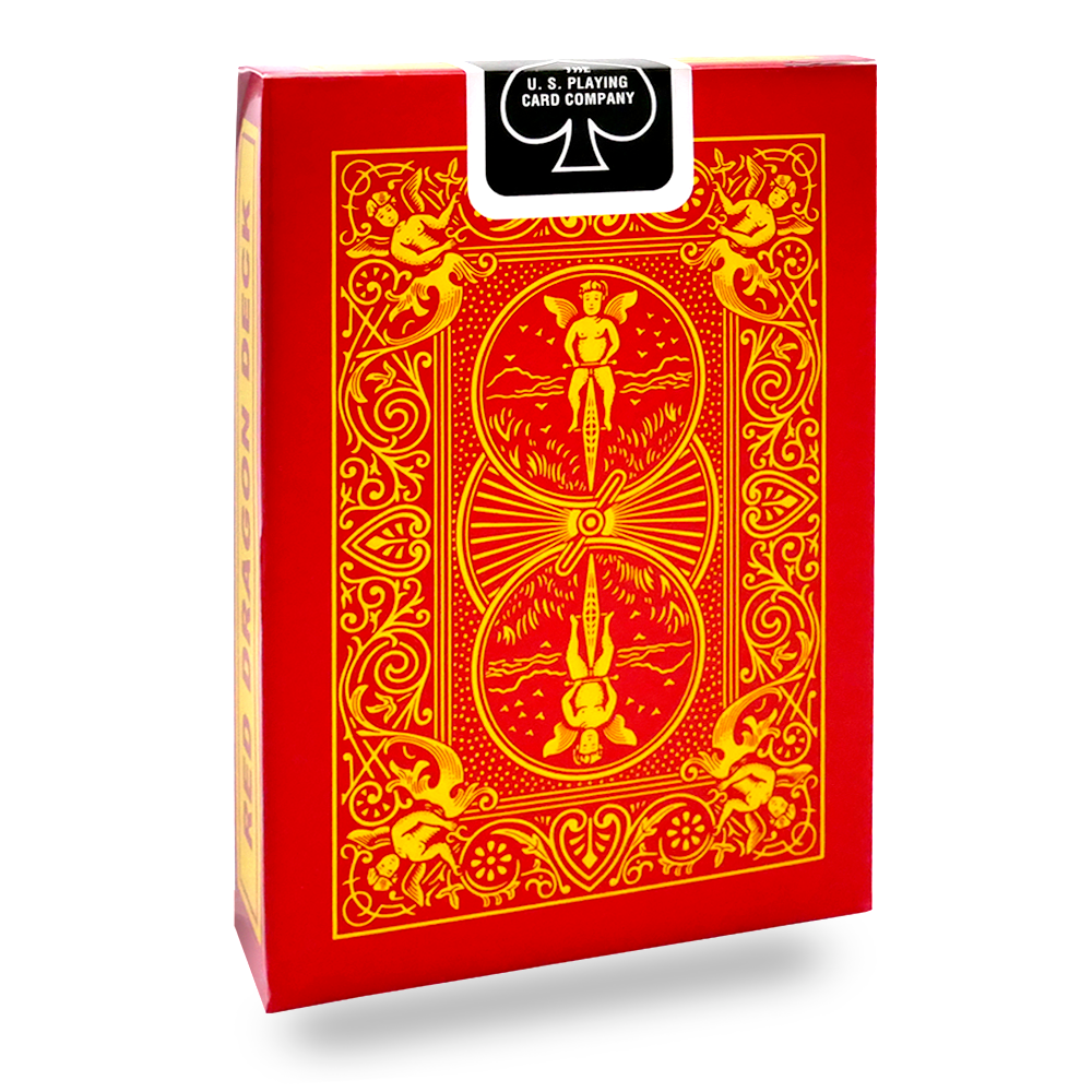 Vibrant Red Dragon Bicycle playing cards with bold red and yellow designs, featuring full-bleed borders and a unique Dragon Joker.