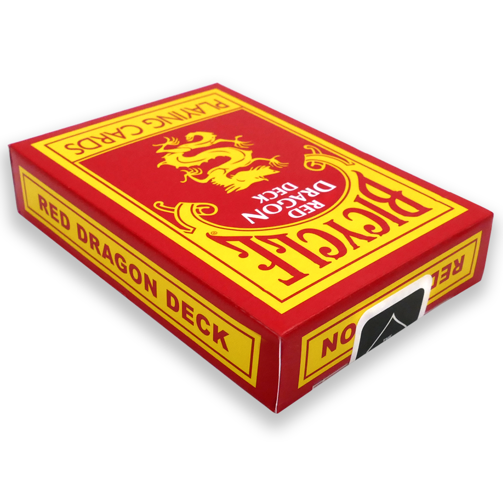 Striking Red Dragon Bicycle playing cards with bold red and yellow designs, featuring full-bleed borders and a unique Dragon Joker.