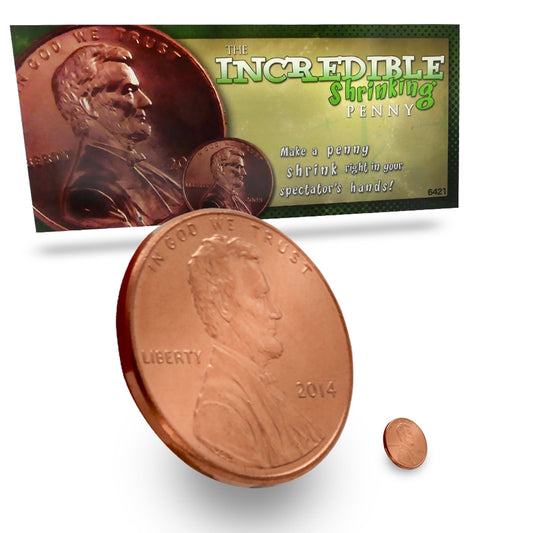 Close-up of the Incredible Shrinking Penny trick, showcasing a shiny penny and magical illusion setup for a fun surprise.